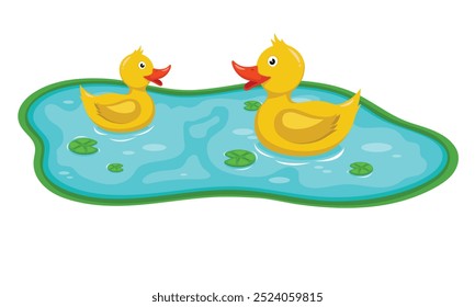 Cute yellow duck swimming in the pond. Outdoor Vector cartoon illustration