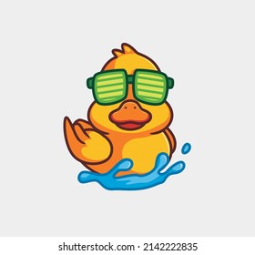 süße gelbe Ente, die eine Brille trägt. einzelne Cartoon-Tier-Naturgrafik. Flachstil geeignet für Aufkleber-Logo-Design-Premium-Logo-Vektorgrafik. Mascot-Zeichen