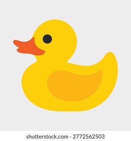 Cute yellow duck toy character with black eye and orange beak isolated on plain light background for children design.