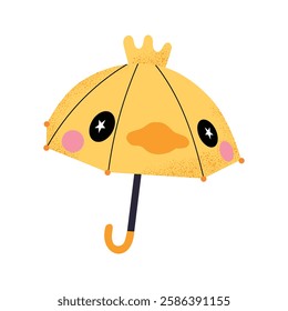 Cute yellow duck umbrella, hand-drawn spring vector illustration, minimalistic and playful, perfect for children’s designs, spring weather, and seasonal projects, isolated on white background.