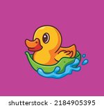 cute yellow duck using a leaf as boat to swim. isolated cartoon animal nature illustration. Flat Style Sticker Icon Design Premium Logo vector. Mascot Character