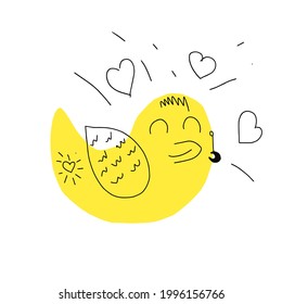 Cute yellow duck, vector illustration. Children's rubber toy. Bird, doodles, hand-drawn. Vector illustration.
