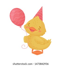 Cute yellow duckling with a balloon. Vector illustration on a white background.
