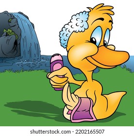 Cute Yellow Duckling with Blue Eyes with Shampoo and Towel - Colored Cartoon Illustration with Background, Vector