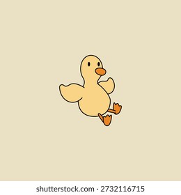 Lindo patito amarillo personaje en un estilo de dibujos animados plano sentado con alas extendidas, Ilustración vectorial aislada