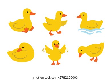 Cute yellow duckling character set flat vector illustration. Little duck clip art collection in various poses isolated on white background
