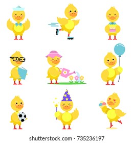 Cute yellow duckling characters set, funny duck in different poses and situations cartoon vector Illustrations