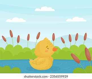 Cute Yellow Duckling Chick Swimming in Pond Vector Illustration
