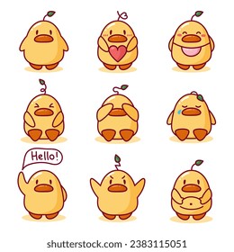 Cute Yellow Duckling Chick Vector Sticker Set. Set of Stickers of Cute Geese, Ducks, Chickens in Cartoon Style. Emoji .Duck with heart, Sprout, Flower, Sad duck, Joyful, Happy, Angry, Fat, Scared