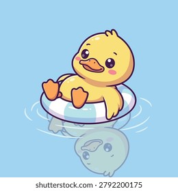 Cute Yellow Duckling Floating on Inflatable Ring Vector Illustration