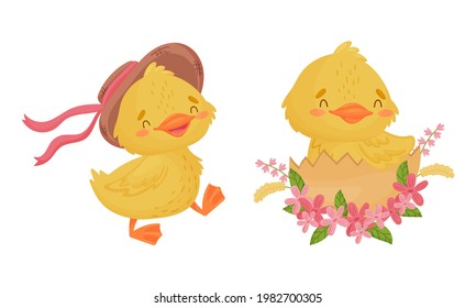 Cute Yellow Duckling Hatching from Egg and Walking in Hat Vector Set