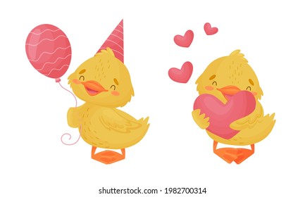 Cute Yellow Duckling Holding Balloon and Heart Vector Set