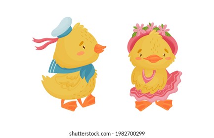 Cute Yellow Duckling in Peakless Cap and Dress Vector Set