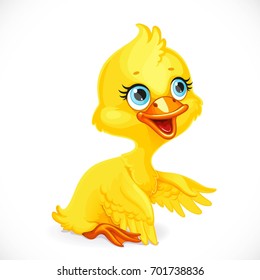 Cute yellow duckling sit on floor isolated on white background