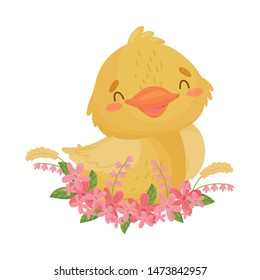 Cute yellow duckling sits in flowers. Vector illustration on white background.