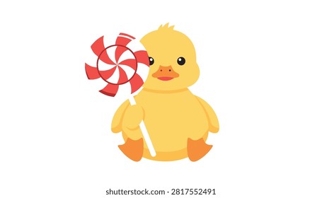 Cute yellow duckling sitting while holding a large red and white spiral lollipop candy in its wing.