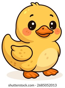 Lindo patito amarillo con plumas suaves, gateando felizmente. Perfecto para diseños de granja, estanque o niños.