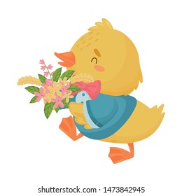 Cute yellow duckling in a suit carries a bouquet. Vector illustration on a white background.