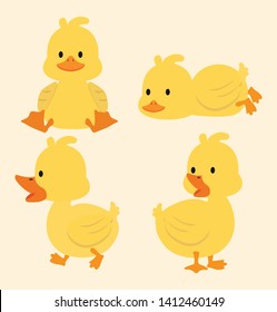 Cute yellow ducks cartoon set