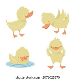 Cute Yellow Ducks In Different Poses Vector Illustration Set Cartoon Character.
