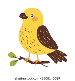 Cute Yellow Eagle Hawk Falcon Bird Animal Cartoon Character Perched on Tree Branch