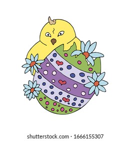 Chica de Pascua amarilla, flores y huevo de Pascua pintado a rayas brillantes. vector dibujado a mano. Ilustración aislada en fondo blanco.