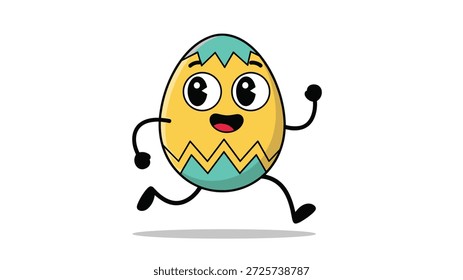 Nettes gelbes Ostereierzeichen mit blauen Zickzack-Mustern und Armen und Beinen wird gezeigt, wie es fröhlich läuft.