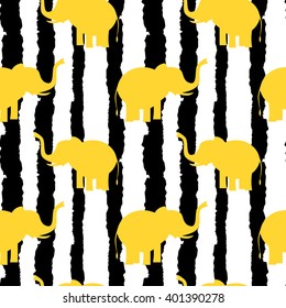 cute yellow elephants silhouette on black and white grunge stripes seamless vector pattern background illustration