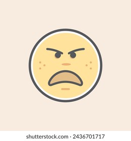 Cute yellow emoji filled icon with furious face and freckles