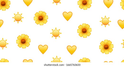 Cute Yellow Emoji Seamless Pattern. Spring And Summer. Sun Emoji, Flower, Heart. Vector