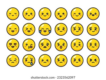 Cute yellow emotional faces. Set of colorful flat icons with different emotions and character. Sad and happy, funny and angry, in love mood, laughing and crying. Round mood faces. Yellow emoticons