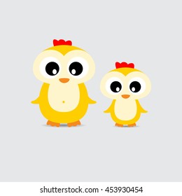 Cute yellow family Mother hen and Child chicken Illustration standing at clear background.