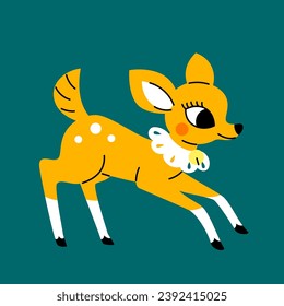 Cute yellow fawn in 1950s retro style. Vintage Christmas deer postcard, invitation template. Hand drawn vector illustration. 