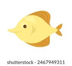 Cute yellow fish, funny tropical underwater character with tail and fins vector illustration