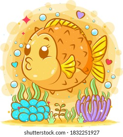 Cute yellow fish hedgehog with his big body under the sea of illustration