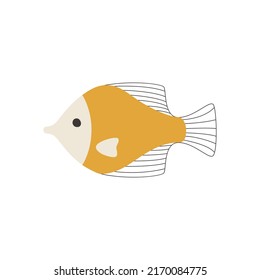 Pescado amarillo lindo aislado, dibujado a mano. Ilustración vectorial de un animal doodle