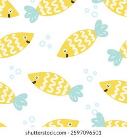 Cute yellow fish pattern for kids design style. Vector illustration