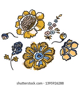 Cute yellow florals cartoon vector illustration motif set. Hand drawn isolated spring flower elements clipart for gardening blog, petal graphic, nature web buttons.