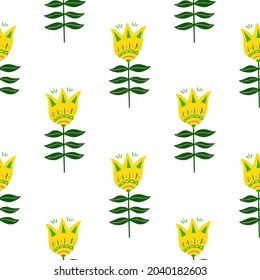 Cute yellow flower folk art seamless pattern isolated on white background. Floral nature wallpaper. Folklore style. For fabric design, textile print, wrapping, cover. Simple vector illustration.