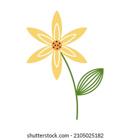 Cute yellow flower with orange center. Vector botanical clipart.