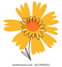Cute Yellow Flower with Simple Brush Line Decorations. Colorful plant with cute line sketches of branches isolated on white background. Nature herb perfect for invitations, cards, posters, holidays