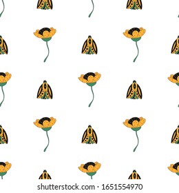 cute yellow flowers and bugs pattern seamless on white background. vector illustration hand drawn. can be used for fabrics, children s items and books, bed linen design, fabrics, packaging.