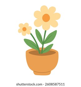Cute yellow flowers growing in orange pot. Flat cartoon illustration perfect for spring interior designs.