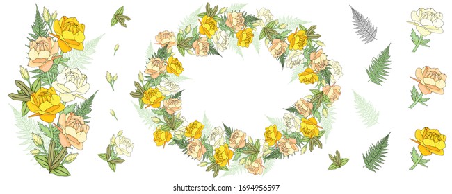 Cute yellow flowers isolated on white. Decorative elements and border made of stylized herbs and flowers