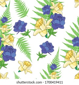 Cute yellow flowers isolated on white. Seamless pattern with daisies and marcisses