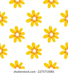Cute yellow flowers pattern on white background - funny vector floral drawing seamless pattern. Sketch poster or t-shirt textile graphic design. Cute illustration. wallpaper, wrapping paper. 