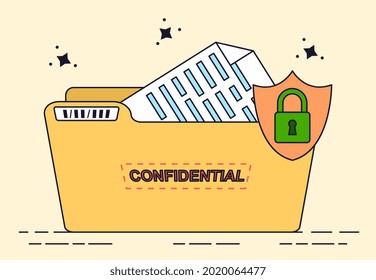 Cute Yellow Folder With Confidential Documents. Sensitive Data And Information. Data Protection. Concept Of Secure Account, Profile Login And Password. Flat Cartoon Vector Illustration