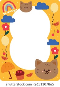 cute yellow frame with drawing cartoon cat and sky element hand drawing illustration. cute frame for photo or card holder
