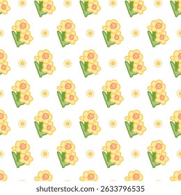 Cute Yellow Fresh Floral Charming Daffodil Pattern. This seamless pattern is ideal for use in digital and print media, including textiles, wallpapers, and stationery.