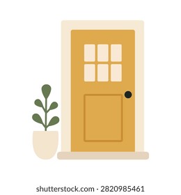 Cute Yellow Front Door with Window Panes Vector Illustration, House Entrance Clipart